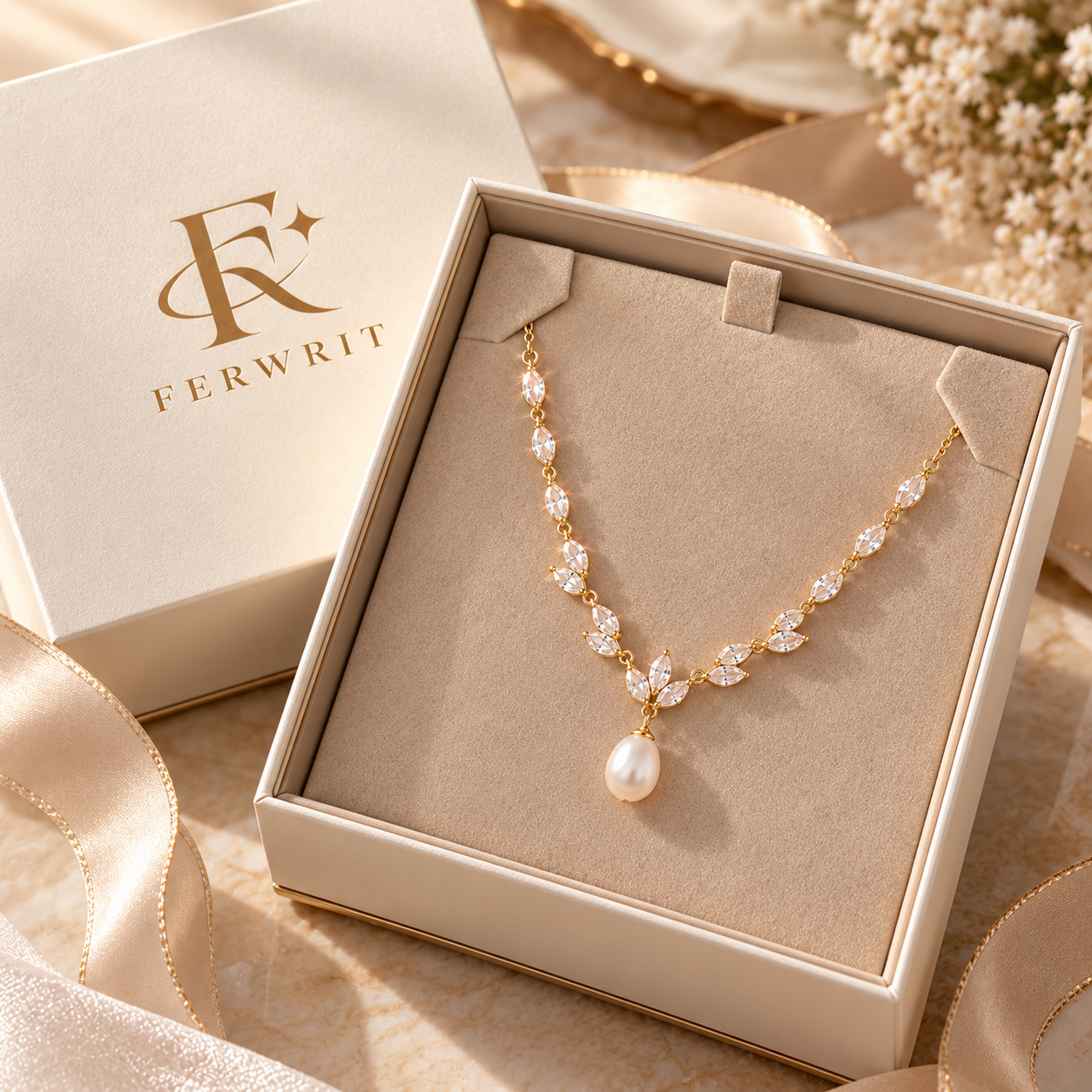 Freshwater Pearl & Crystal Leaf Pendant Necklace