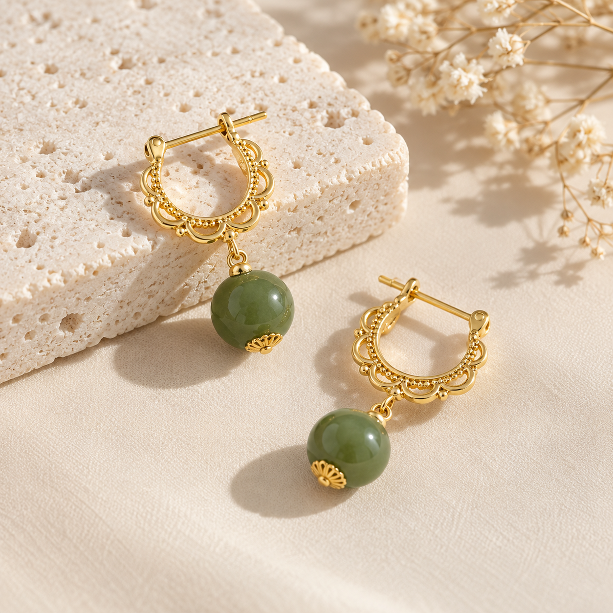 Vintage Jade & Pearl Drop Hoop Earrings