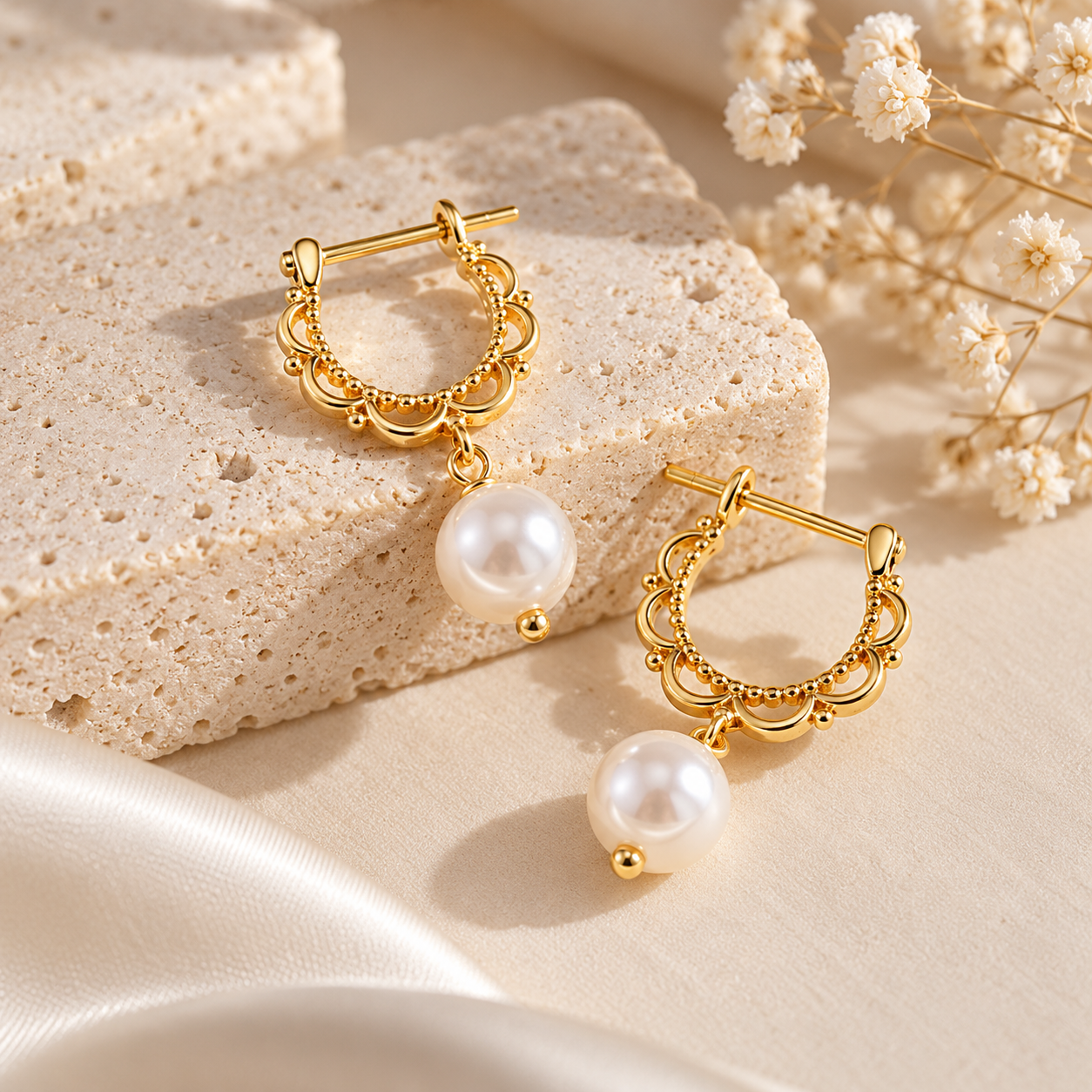 Vintage Jade & Pearl Drop Hoop Earrings