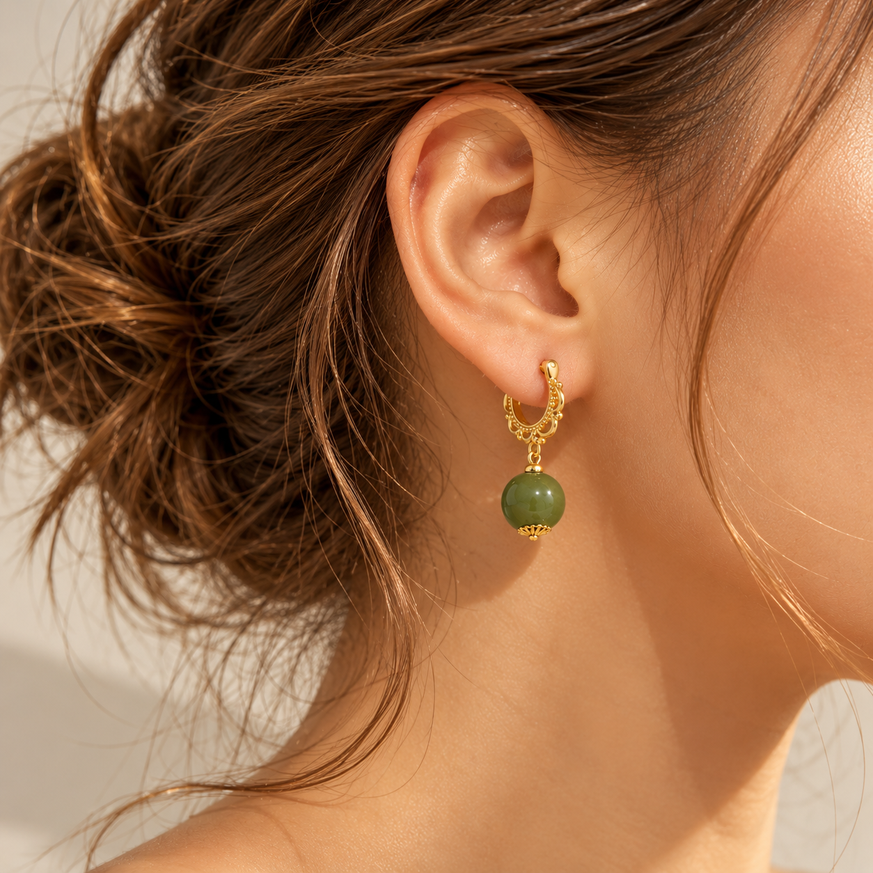 Vintage Jade & Pearl Drop Hoop Earrings
