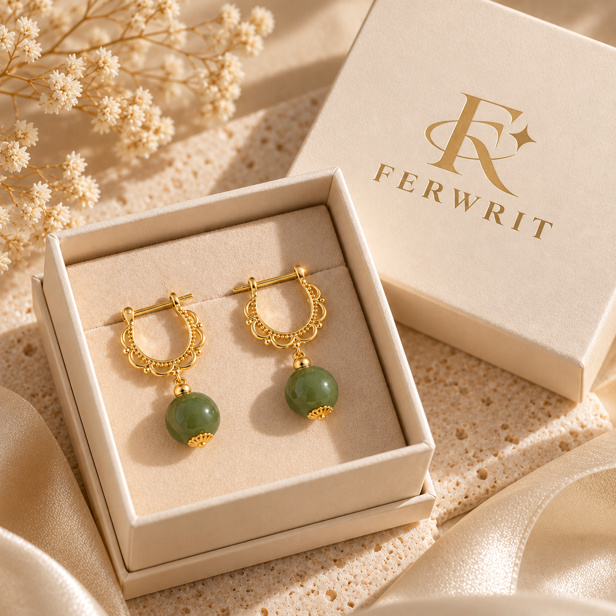 Vintage Jade & Pearl Drop Hoop Earrings