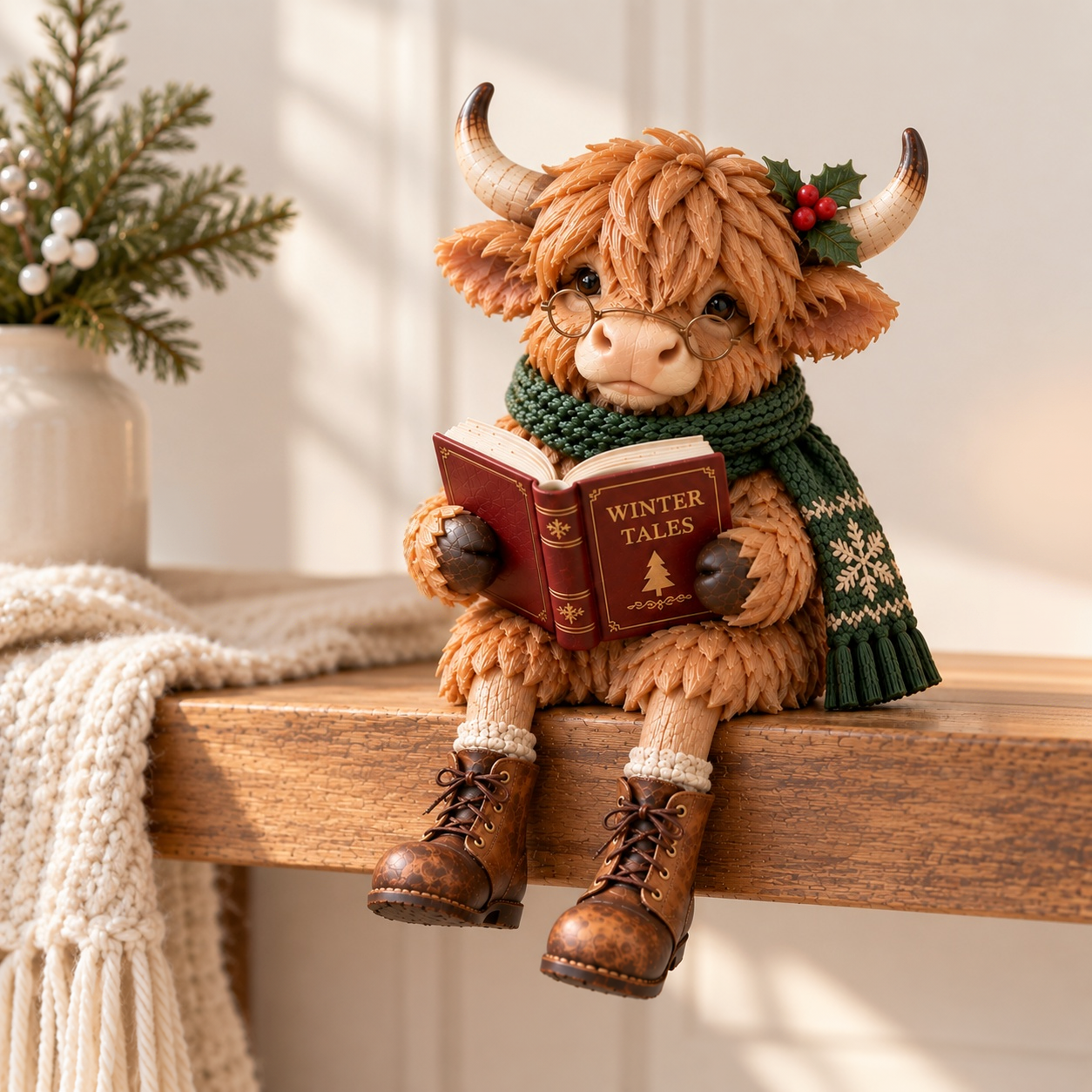 Cozy Highland Cow Christmas Figurine | Winter Moments Resin Shelf Sitter