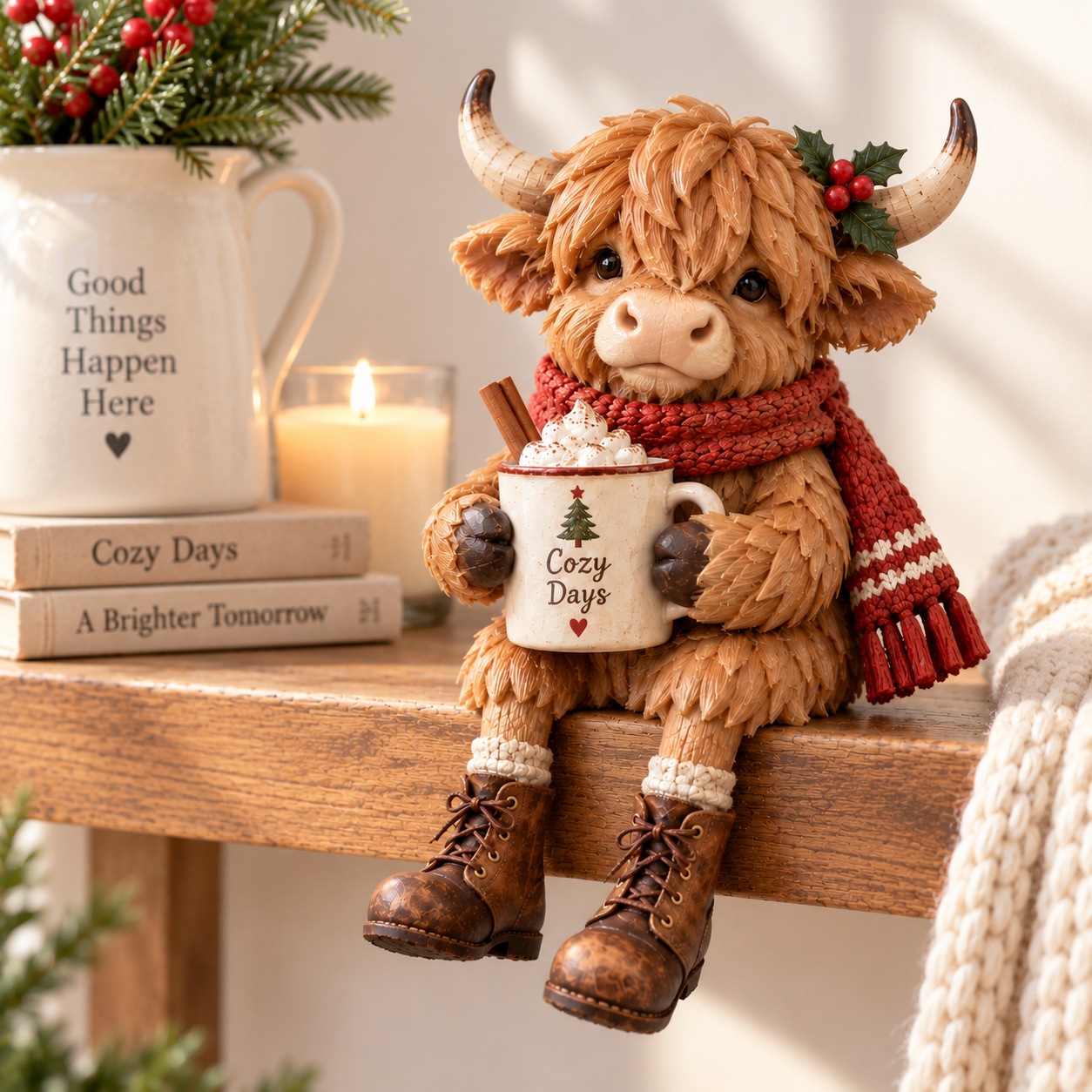 Cozy Highland Cow Christmas Figurine | Winter Moments Resin Shelf Sitter