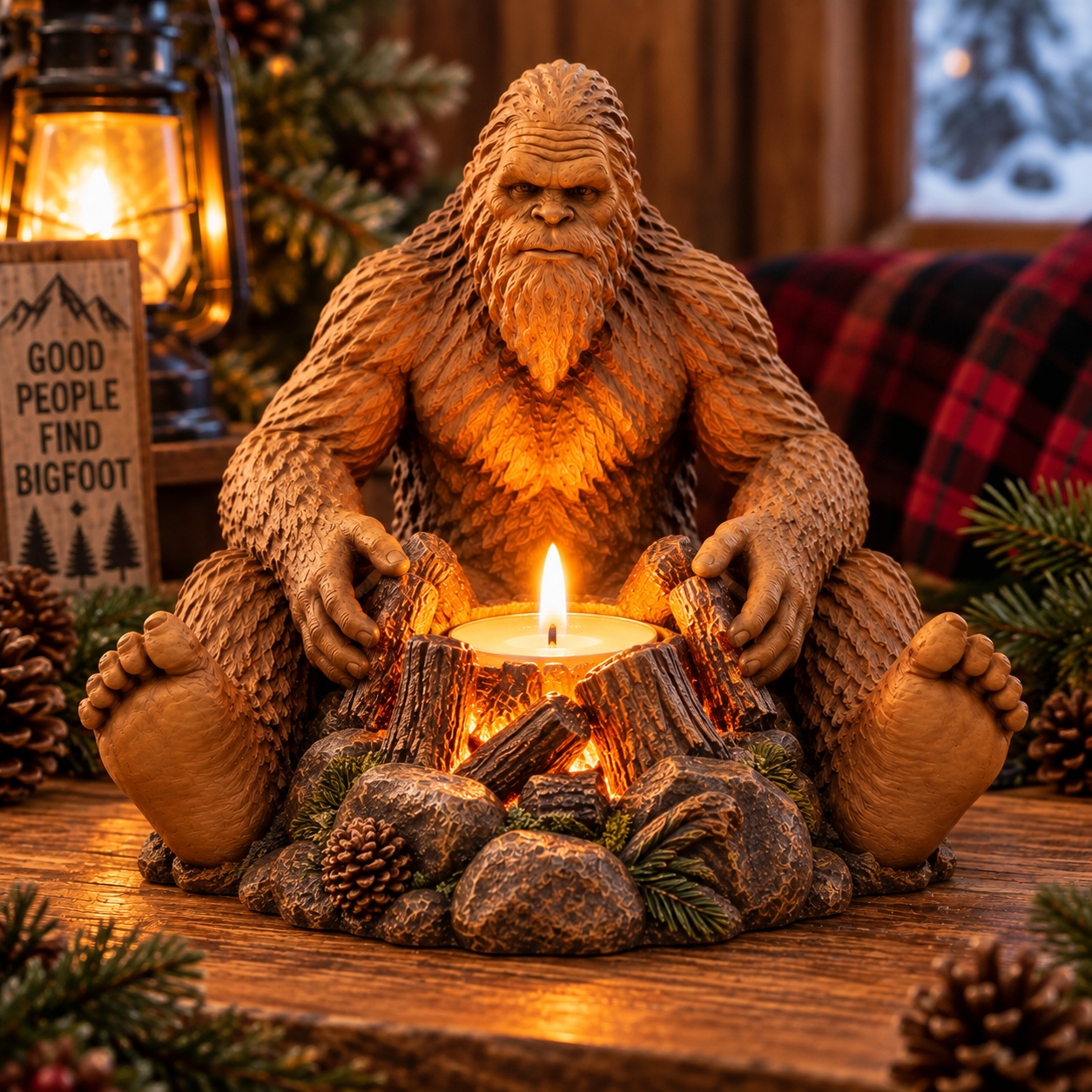 Bigfoot Campfire Candle Holder | Rustic Forest Creature Resin Decoration