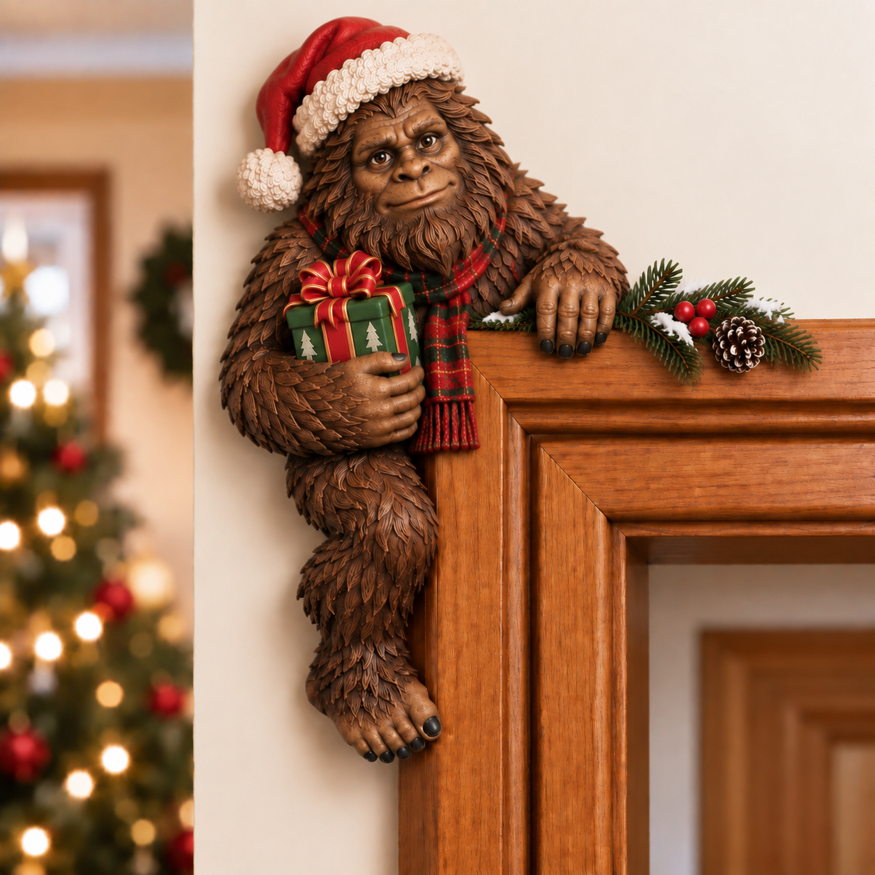 Bigfoot Christmas Door Corner Decor | Holiday Woodland Wall Decoration