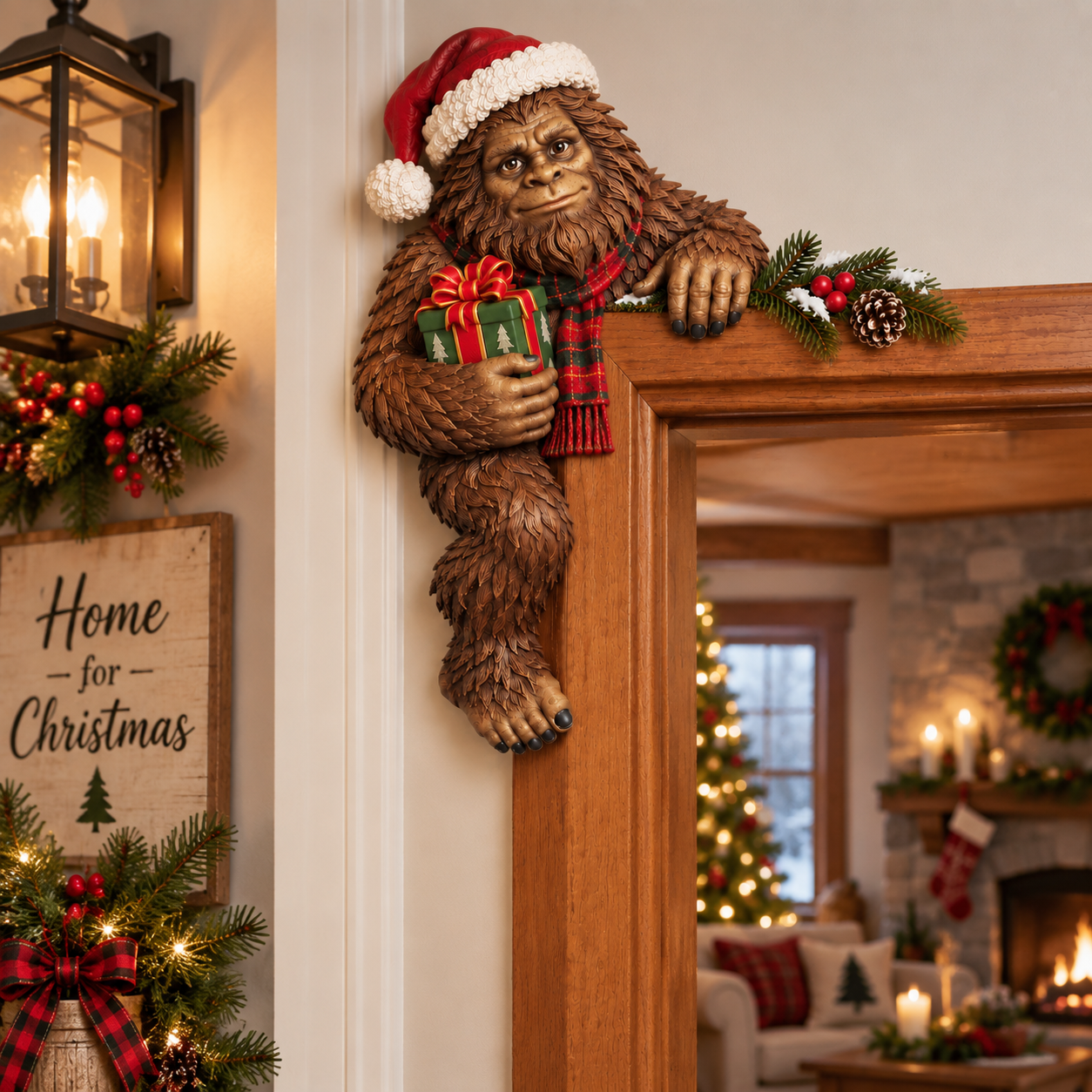 Bigfoot Christmas Door Corner Decor | Holiday Woodland Wall Decoration