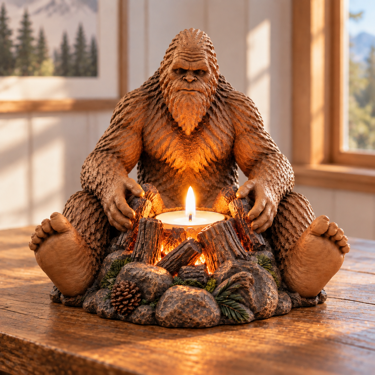 Bigfoot Campfire Candle Holder | Rustic Forest Creature Resin Decoration