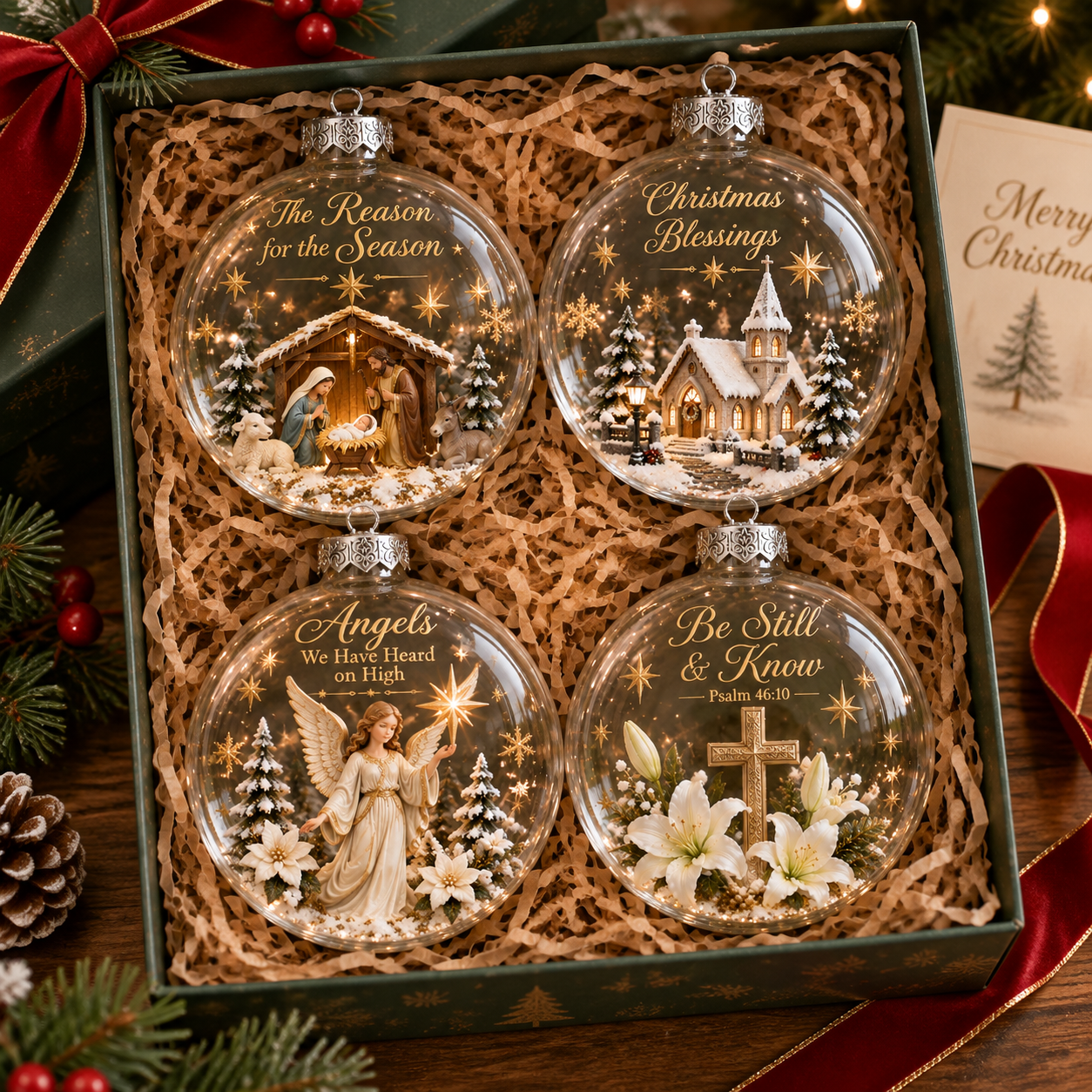 Christian Christmas Ornament Set | Nativity & Angel Glass Ball Holiday Decorations