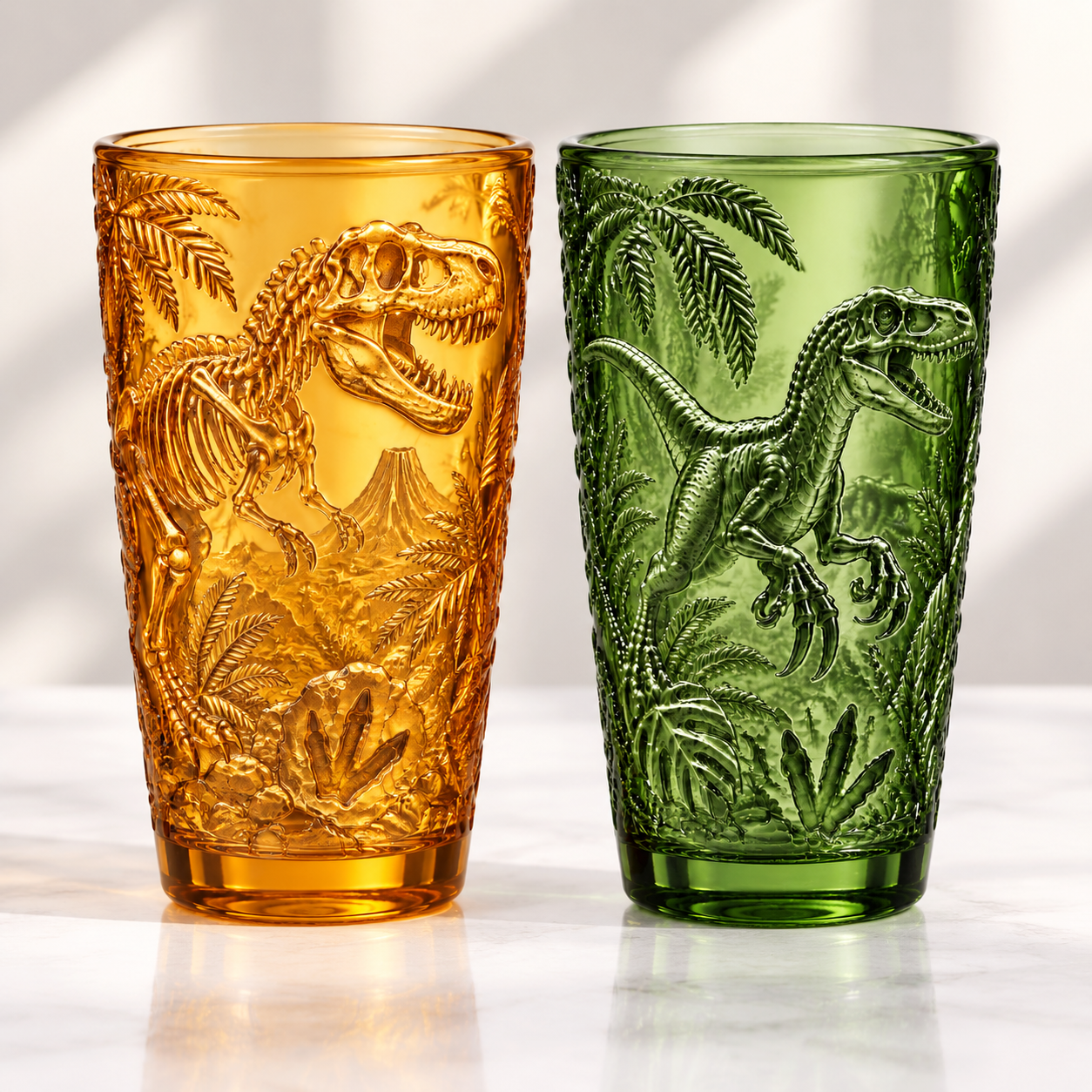 Dinosaur Fossil Glass Collection | Prehistoric Amber & Jungle Green Tumbler Set
