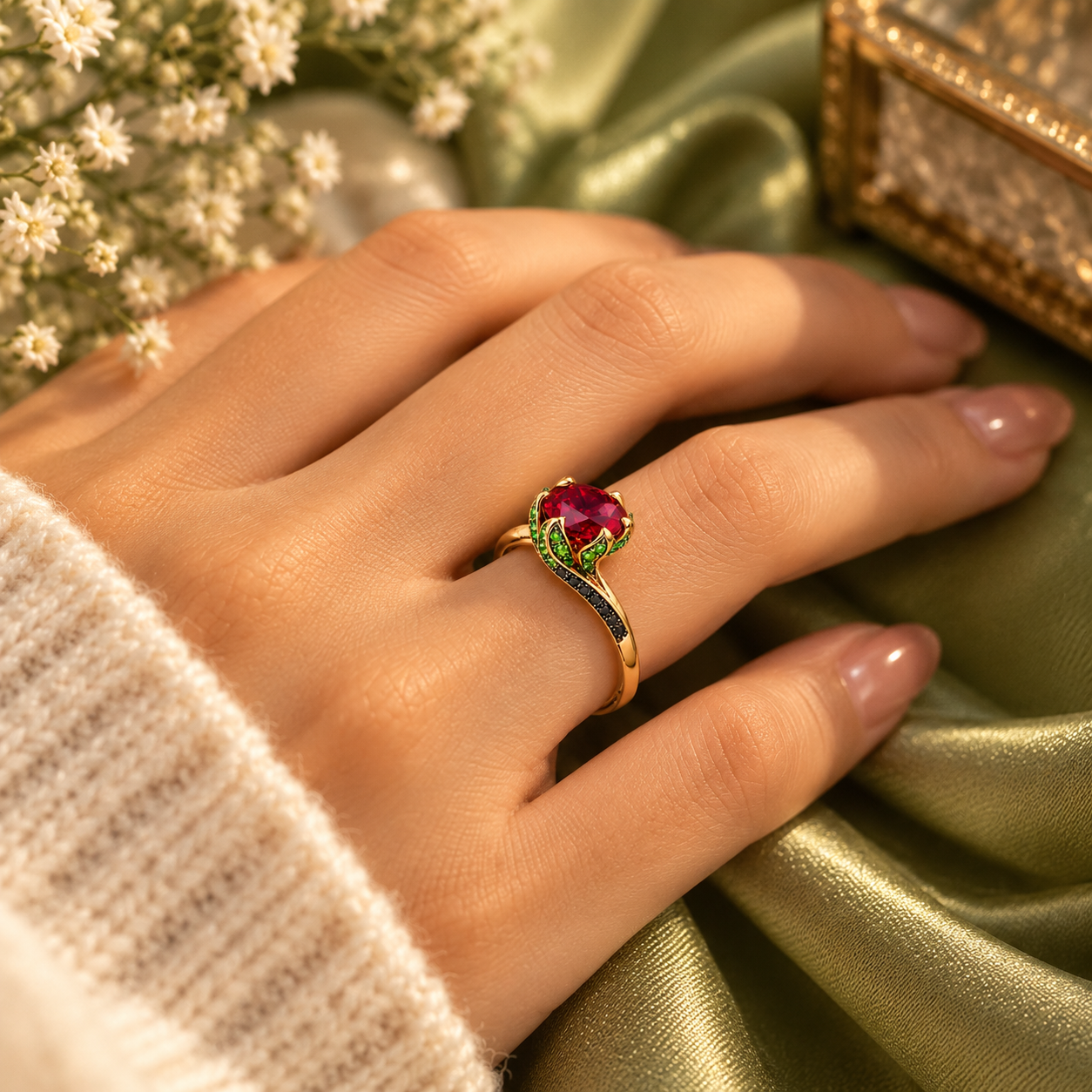 Floral Garnet Statement Ring