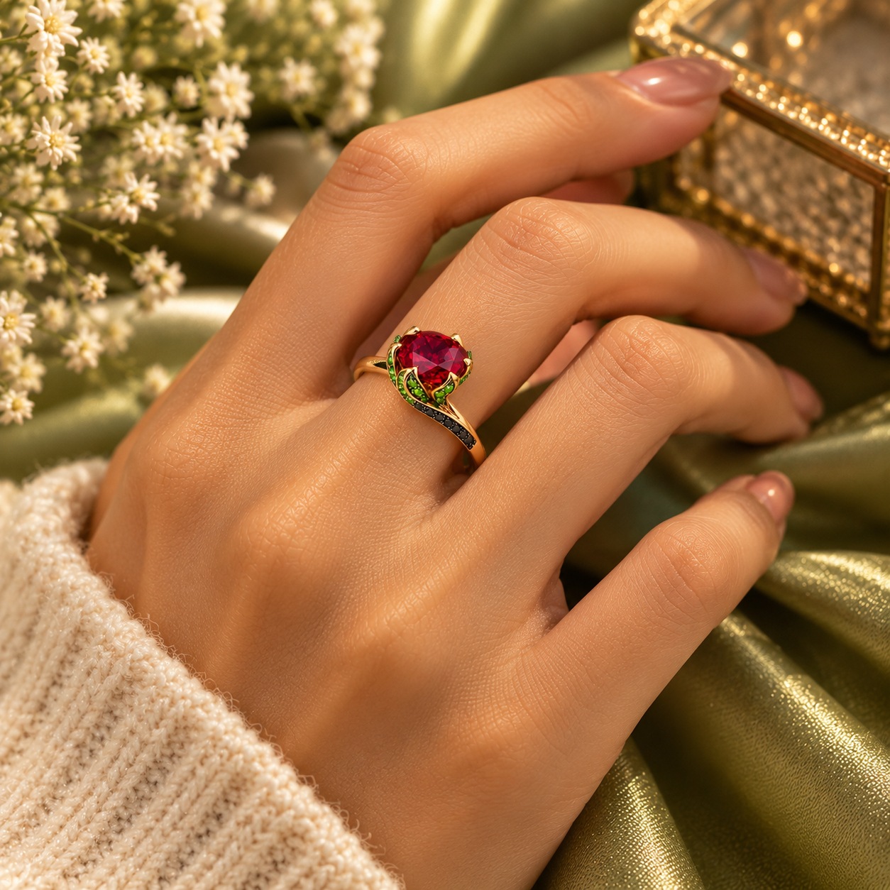 Floral Garnet Statement Ring