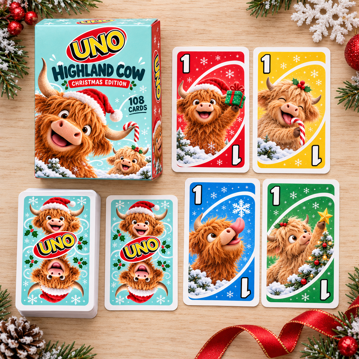 🎄Highland Cow UNO – Christmas Edition Family Card Game 🐮