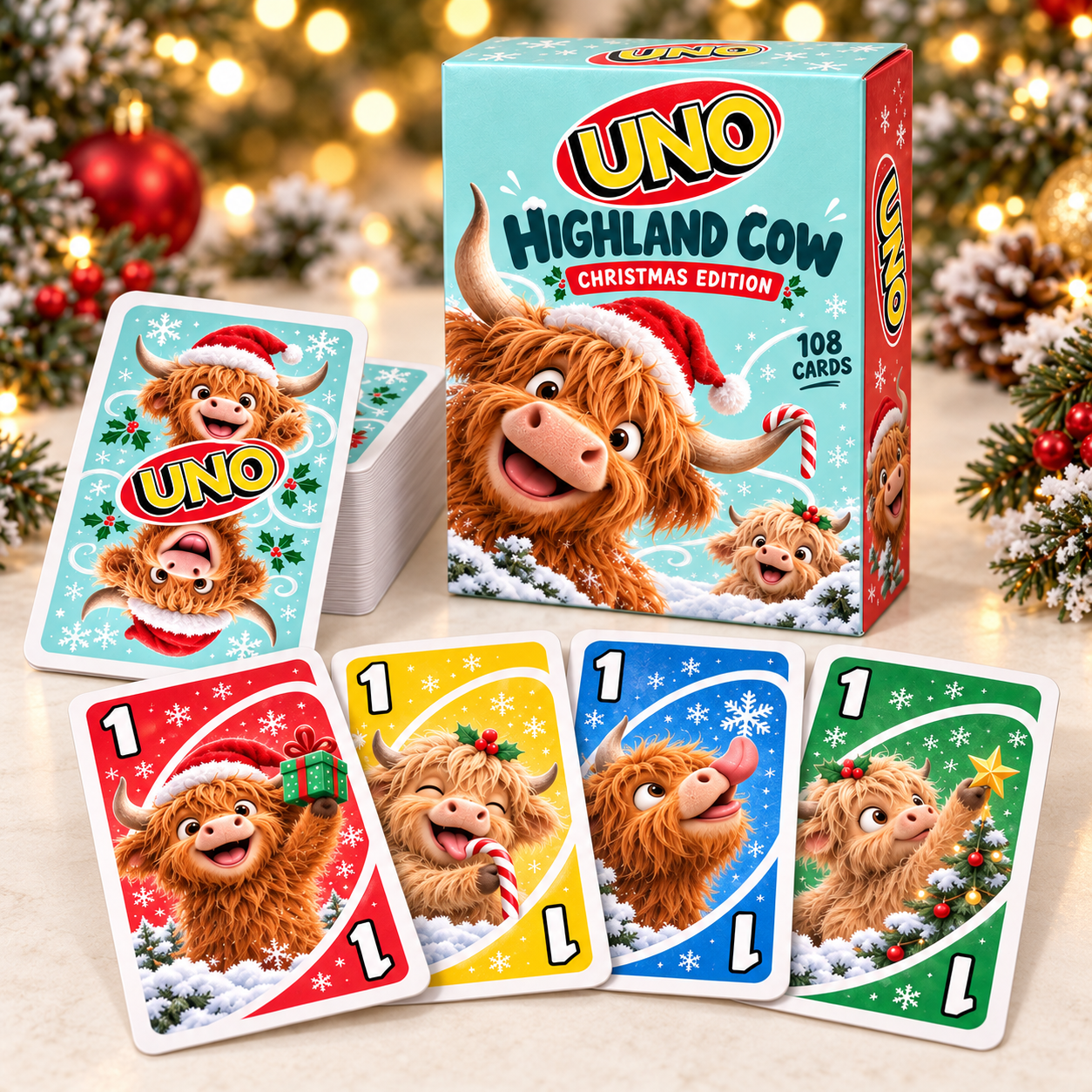 🎄Highland Cow UNO – Christmas Edition Family Card Game 🐮