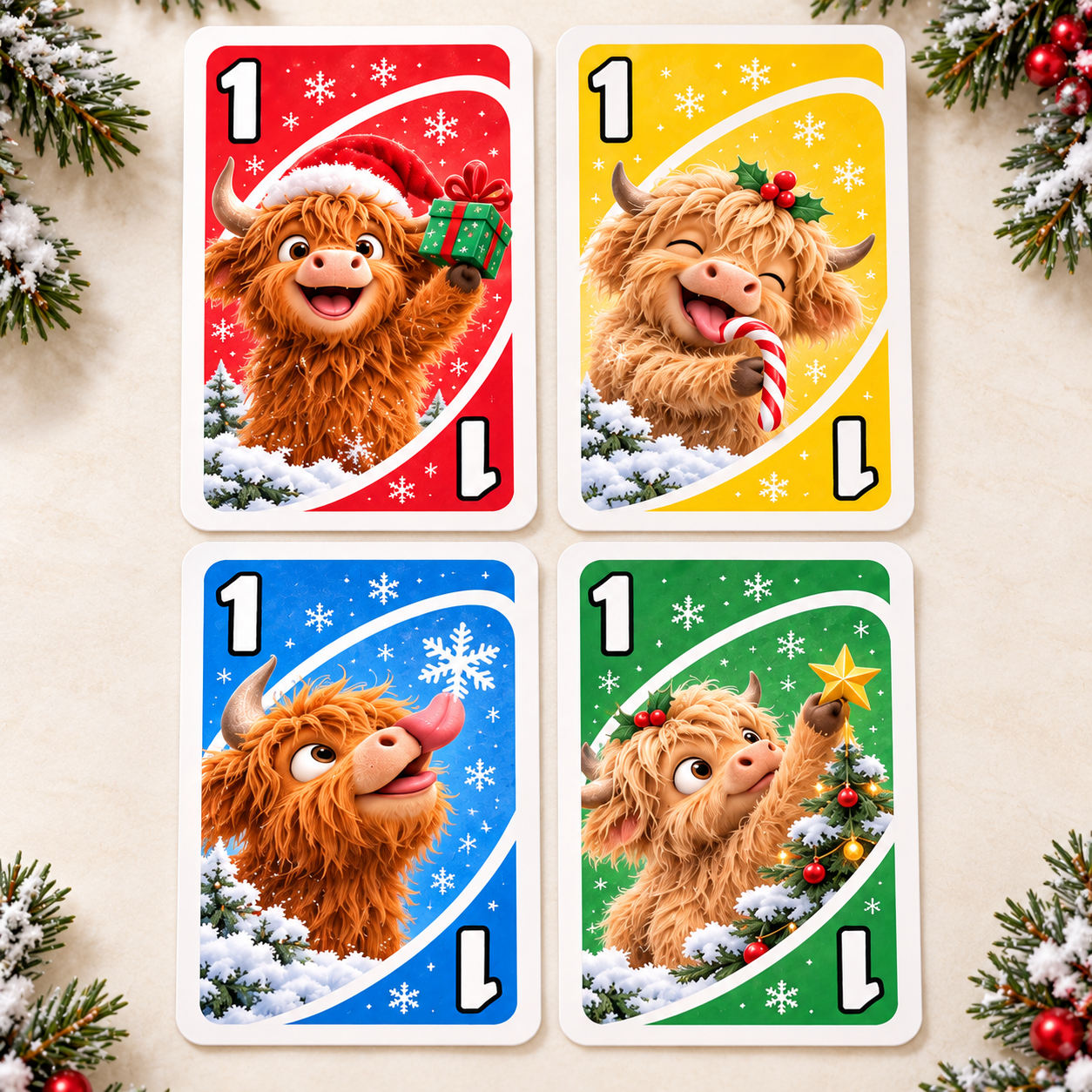 🎄Highland Cow UNO – Christmas Edition Family Card Game 🐮