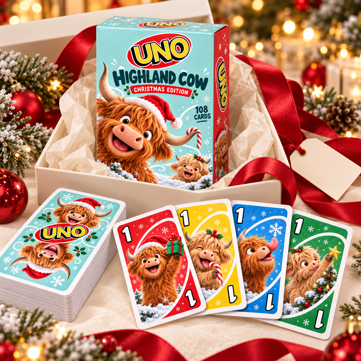 🎄Highland Cow UNO – Christmas Edition Family Card Game 🐮