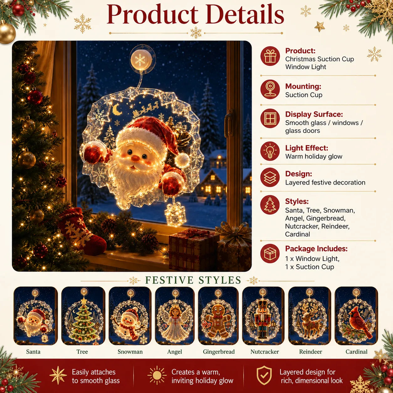✈️Last Day 70% OFF✨🎄Lighted Christmas Window Decoration with Suction Cup | Warm LED Window Light with Double-Layer Design & Multiple Festive Styles Flat Version✨