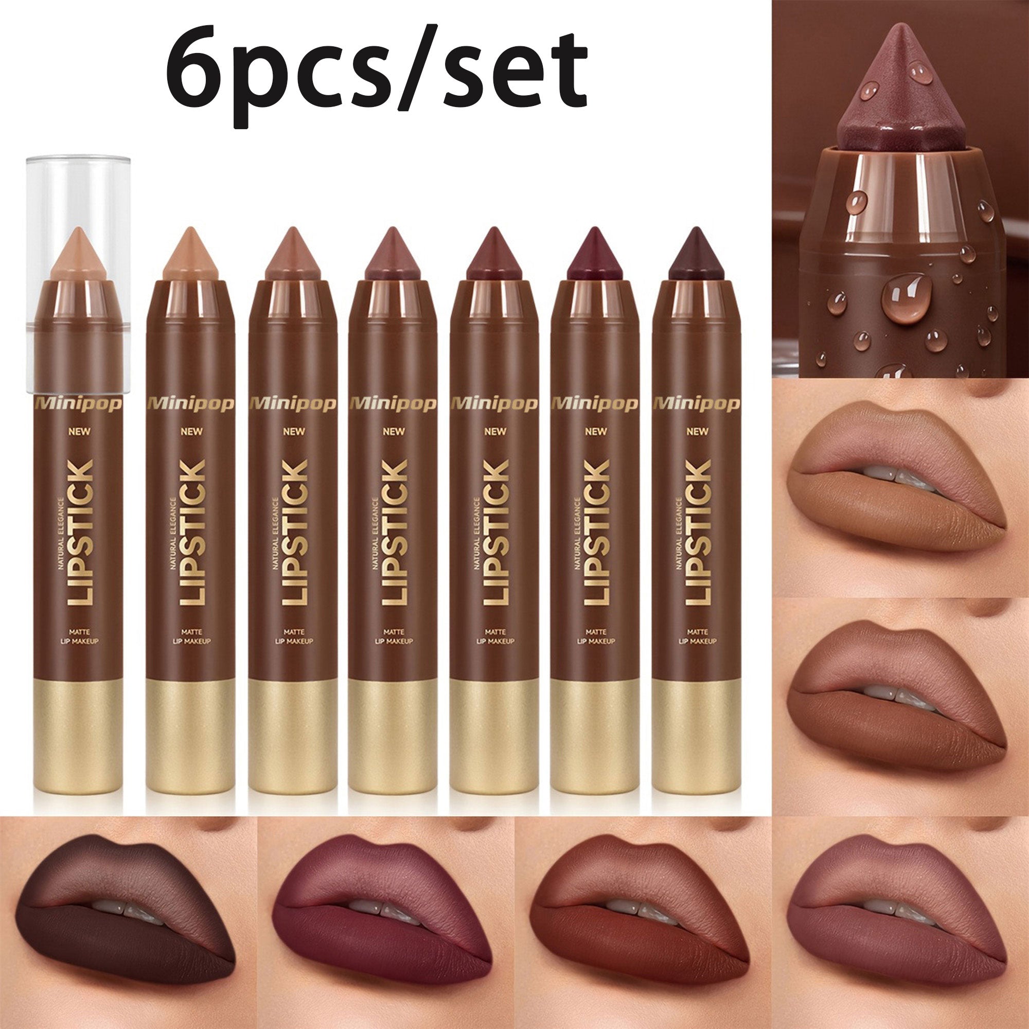 Six-piece mauve and brown matte lip liner and lipstick set