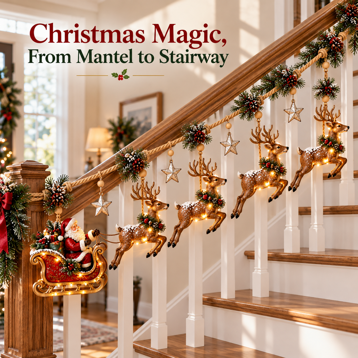 Lighted Christmas garland decorating a home stairway
