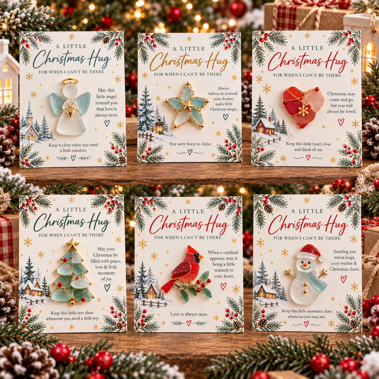 🎄 A Little Christmas Hug Keepsake Card | Removable Handmade Sea Glass Charm in 6 Heartwarming Designs ❤️