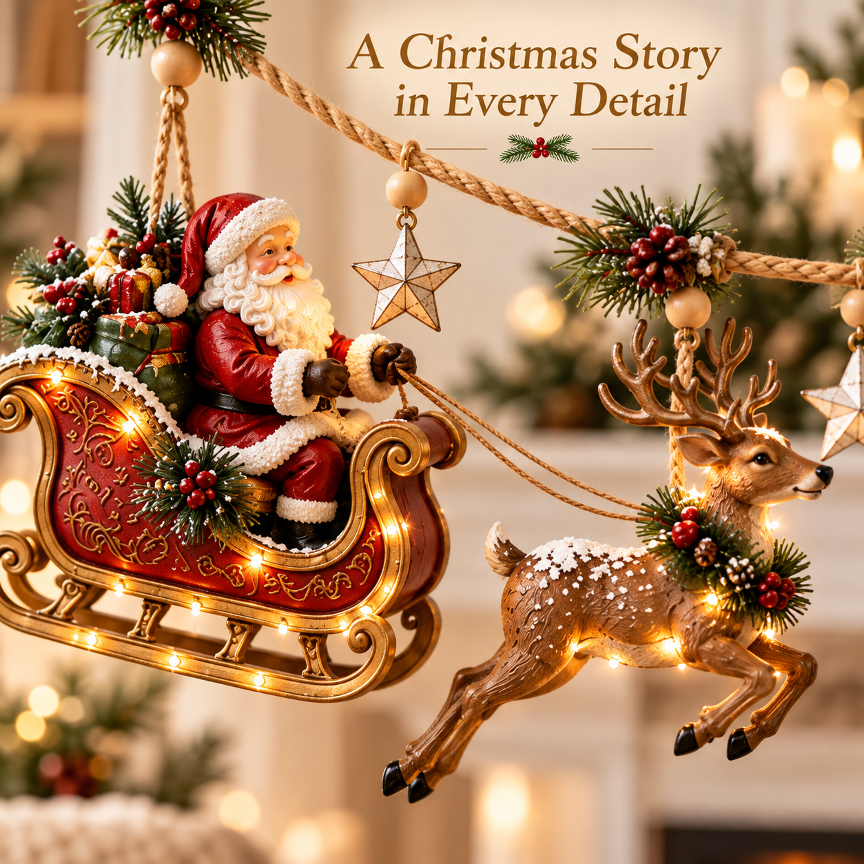 Decorative details of the Santa sleigh Christmas garland