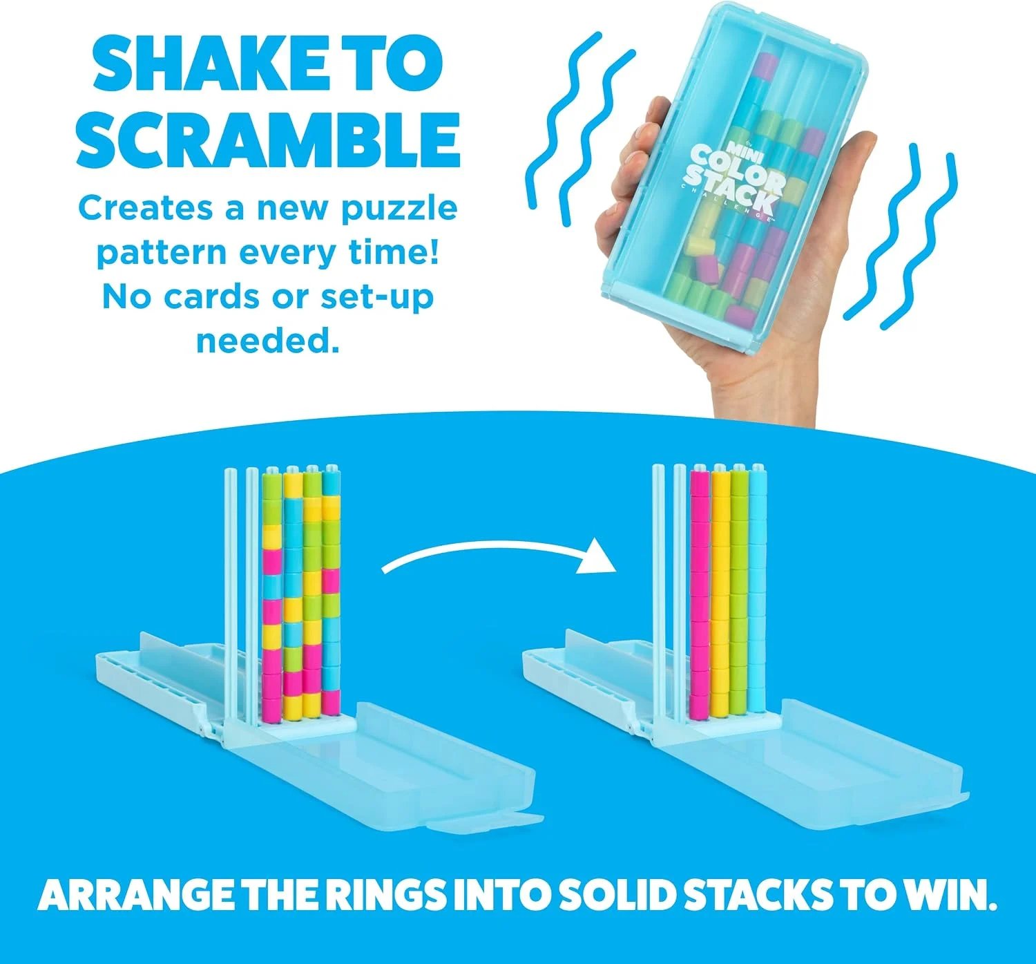 Shake the closed travel case to scramble the rings, then sort them into solid color stacks