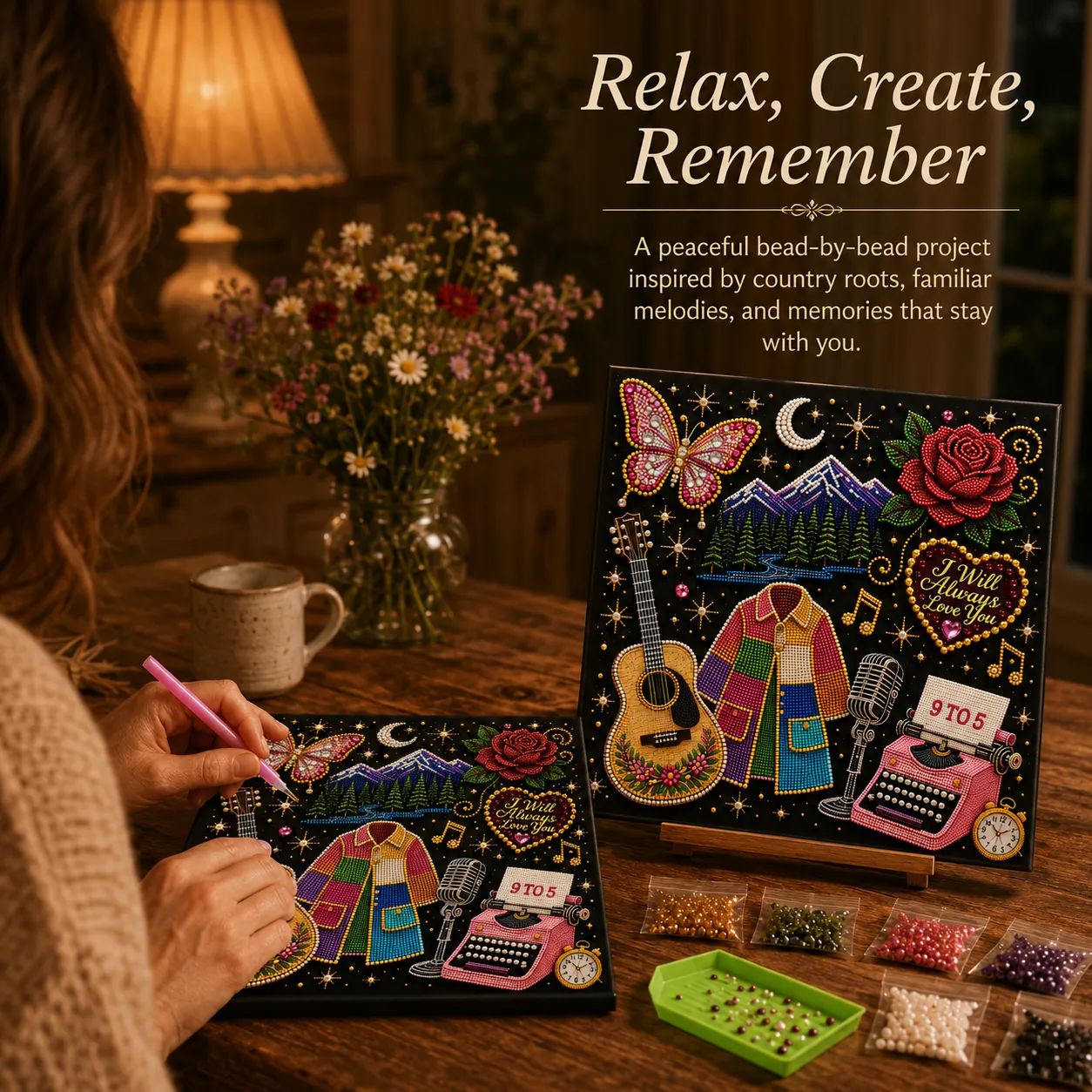 🎤 Premium 3D Pearl Country Music Tribute Art Kit | Luxury Flocked Canvas with Scratch-Resistant Non-Fading Acrylic Resin Pearls & Faceted Drills DIY Keepsake Decor 💎✨