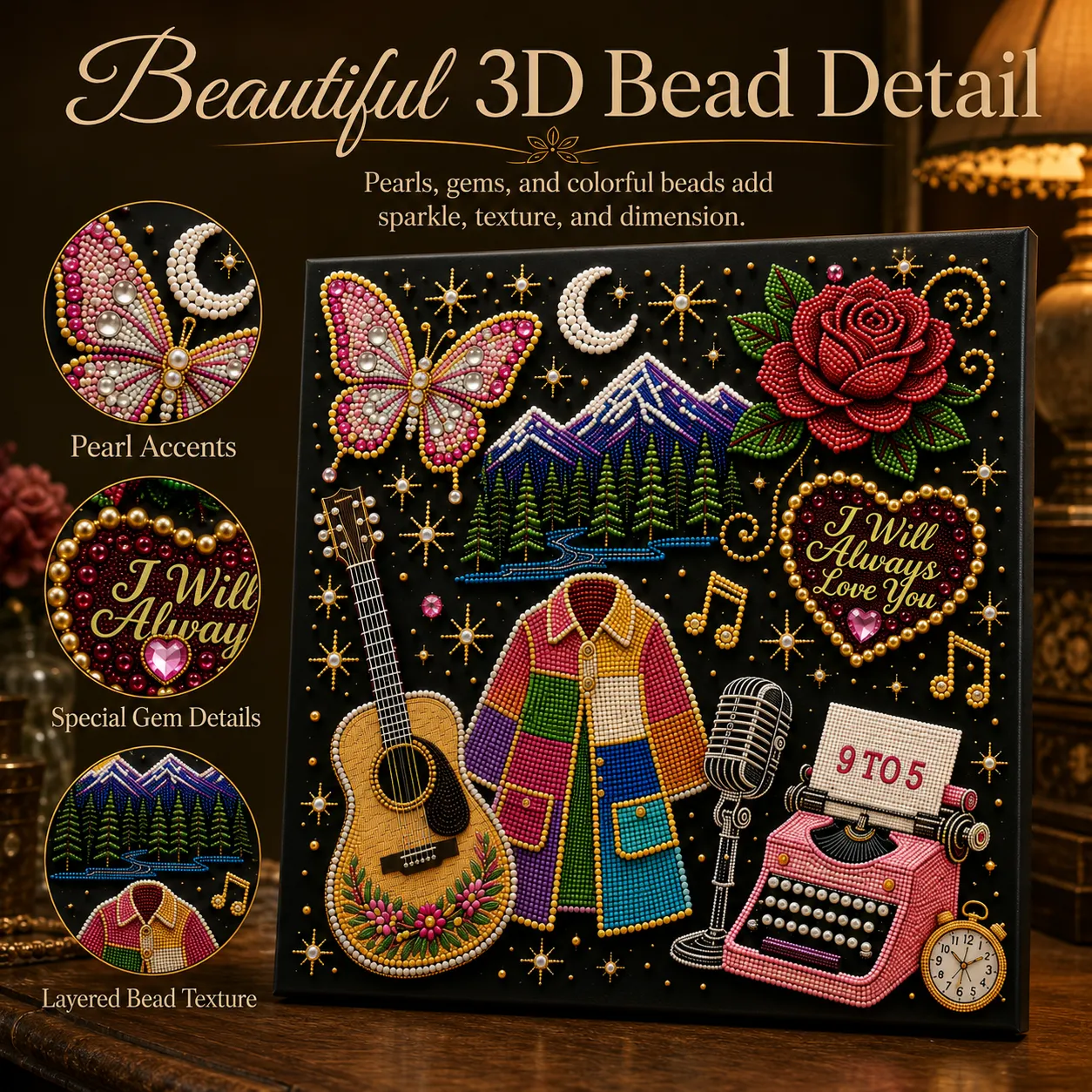 🎤 Premium 3D Pearl Country Music Tribute Art Kit | Luxury Flocked Canvas with Scratch-Resistant Non-Fading Acrylic Resin Pearls & Faceted Drills DIY Keepsake Decor 💎✨