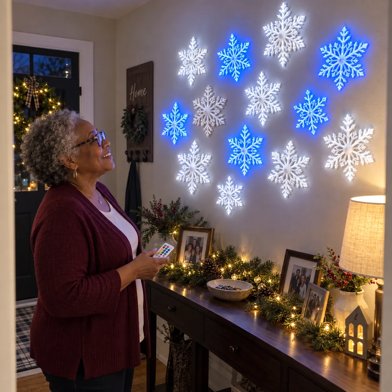 ⏳ Last Day 49% OFF – ❄️ LED Snowflake Wall Lights | 3D Christmas Snowflake Décor with Blue & White Glow, Remote Control & Magical Indoor Holiday Atmosphere ✨