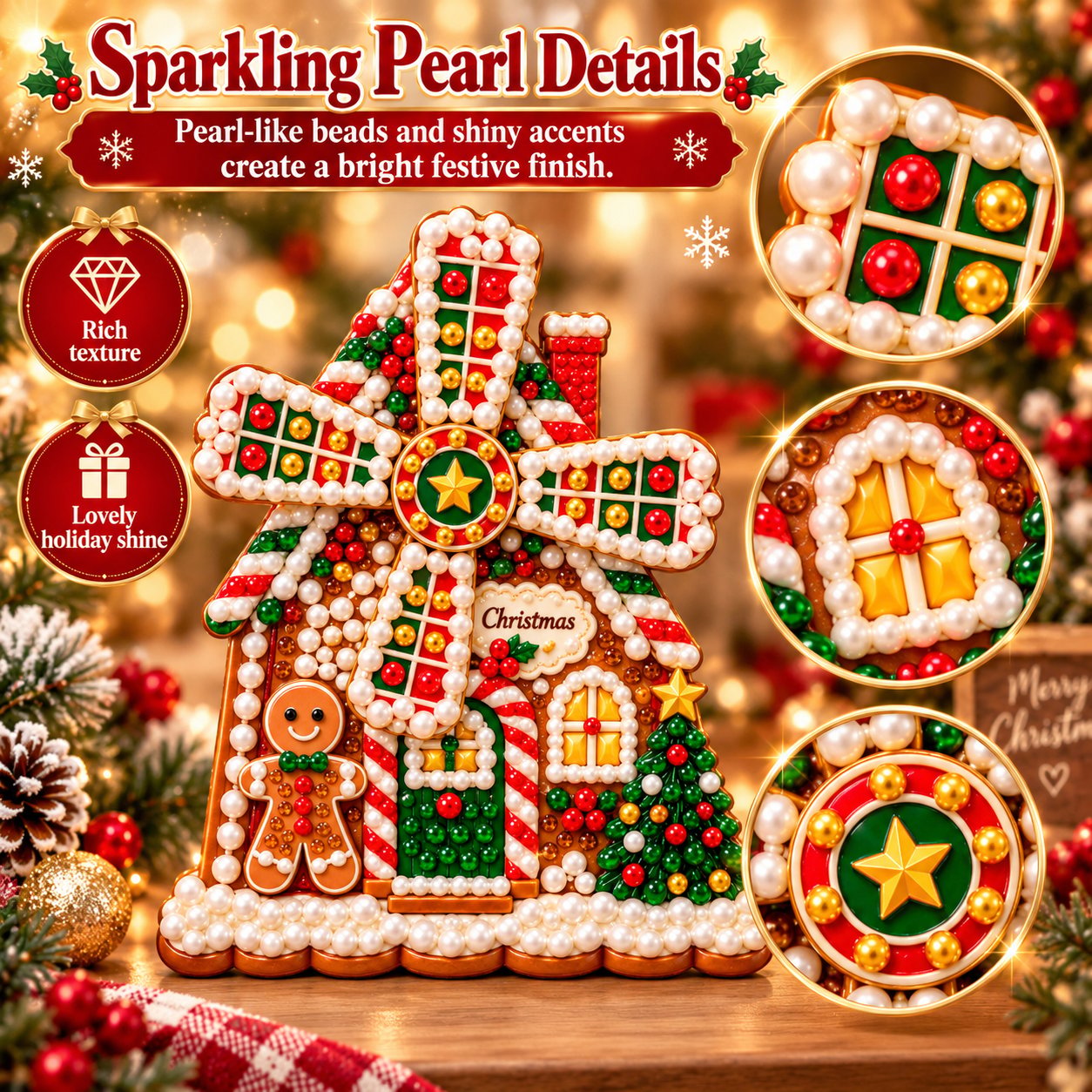 🎄 Wooden Christmas windmill decoration with rotating sails – 4 festive designs