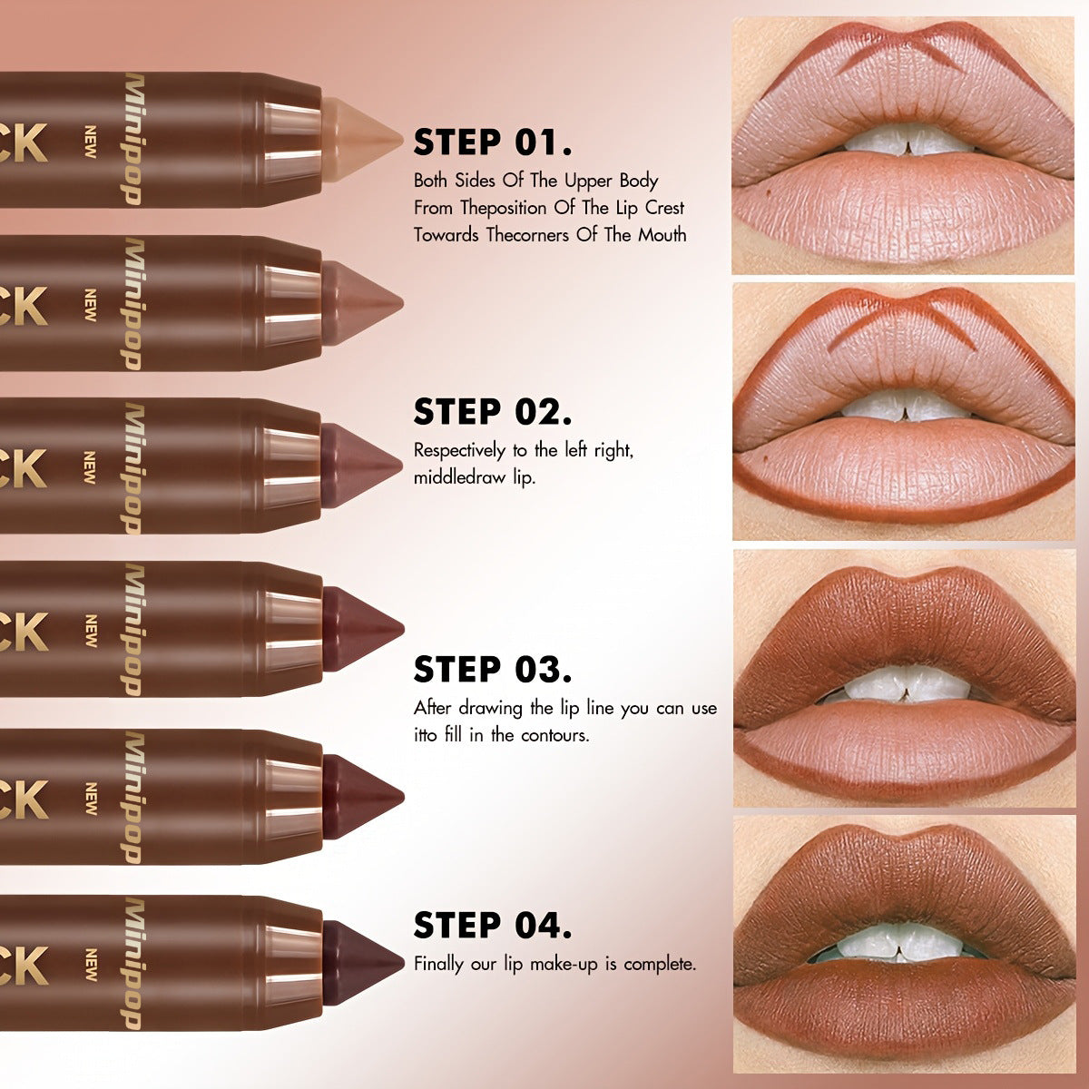 Complete six-piece lipstick and lip liner set