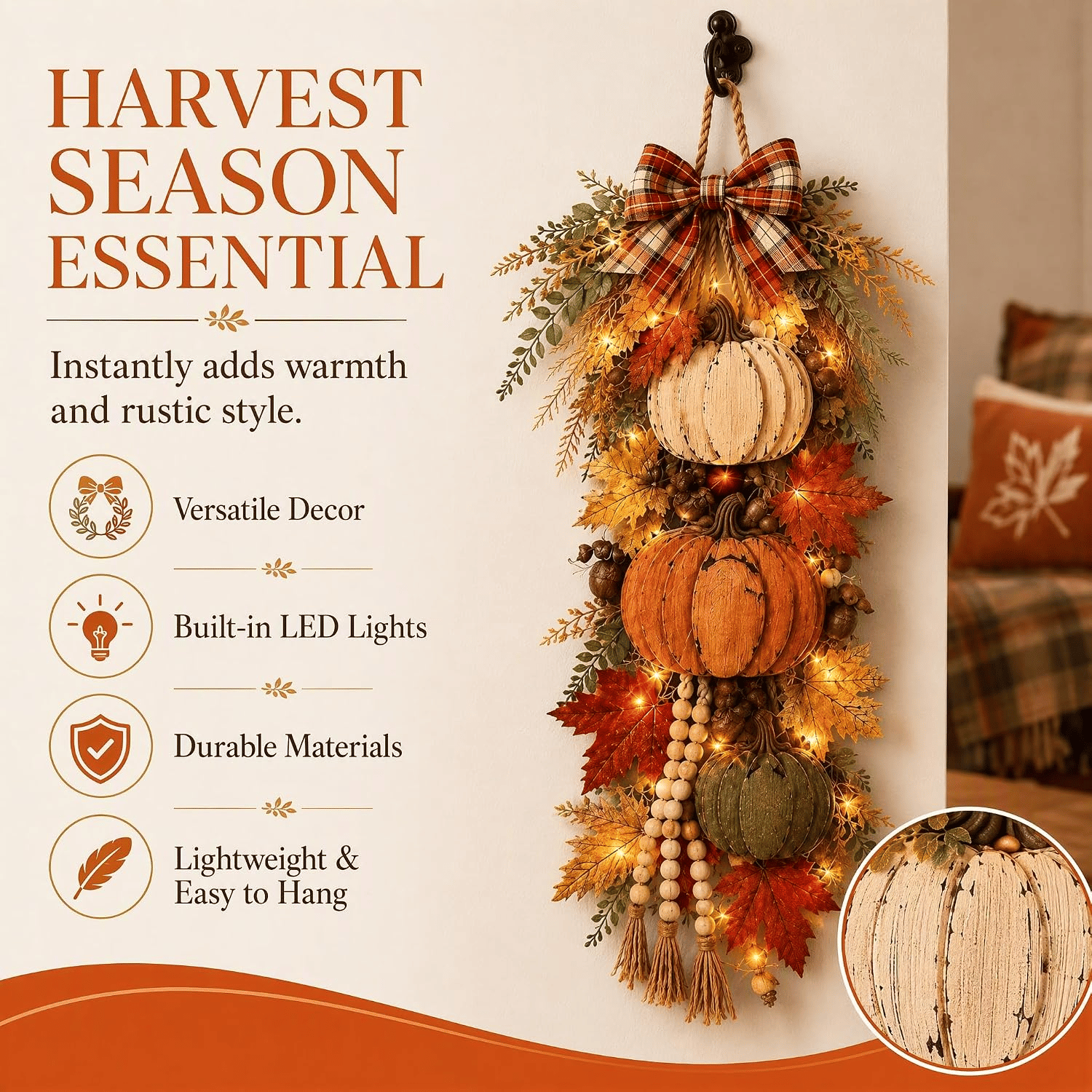 🔥Rustic Wooden Pumpkin Door Hanging🎃