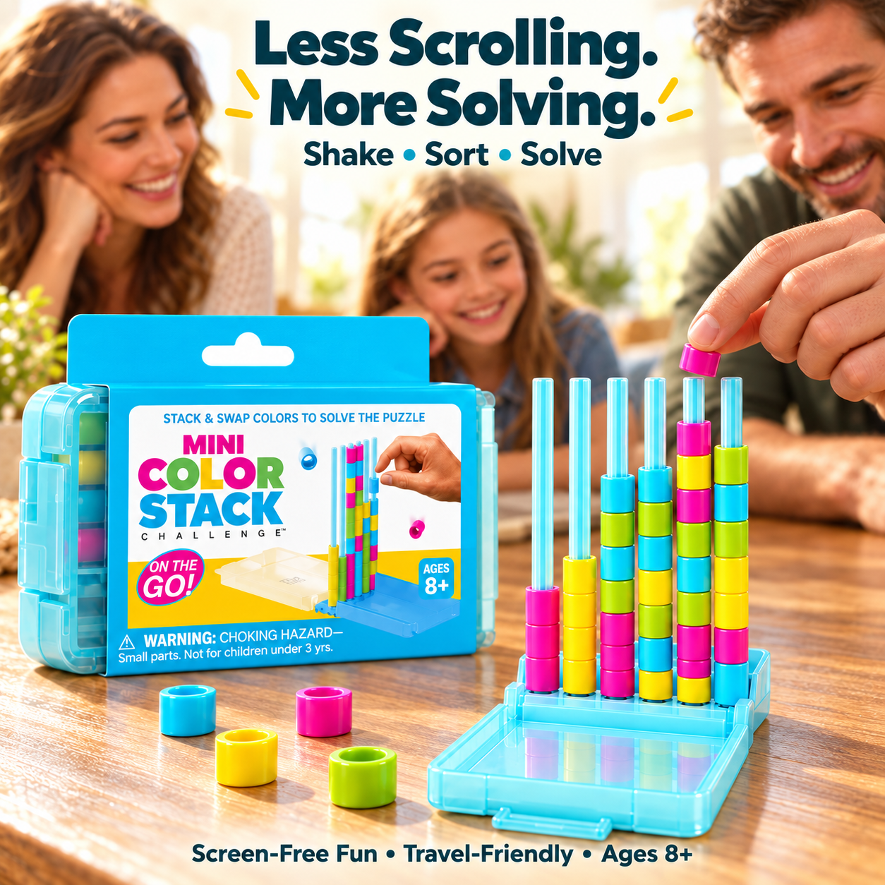 Mini Color Stack Challenge game and packaging with a family enjoying hands-on play