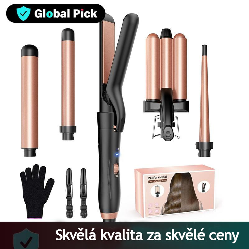 Sada kulem BESTOPE PRO 5 v 1 s žehličkou na vlasy, 3 kulmami, 3 keramickými natáčkami, 2 natáčkami s rychlým ohřevem s rukavicemi a svorkami - fialová, růžovo-zlatá, nejlepší dárky