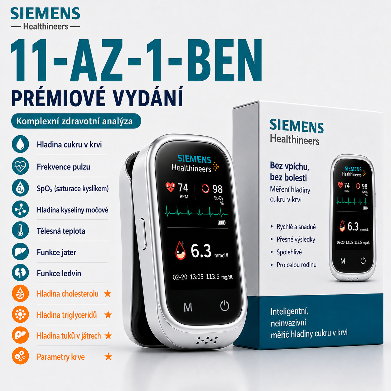 🩸 Siemens™ bezbolestný glukometr 11 v 1 Bez píchání do prstu • Bez testovacích proužků • Výsledek za pouhých 5 sekund