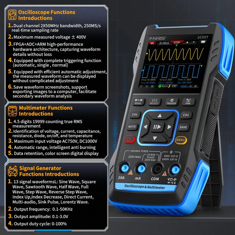 FNIRSI® 2C53T 50MHz 250MS/S Ruční 3v1 osciloskopový multimetr generátor signálu