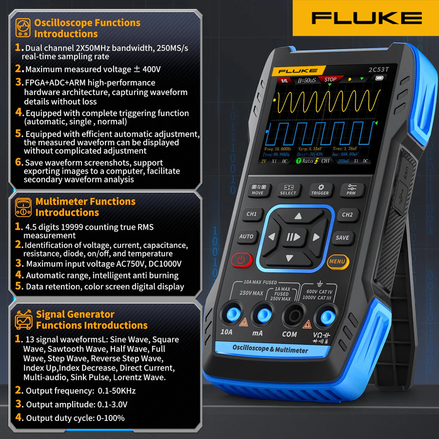 Fluke® 2C53T 50MHz 250MS/S Ruční 3v1 osciloskopový multimetr generátor signálu
