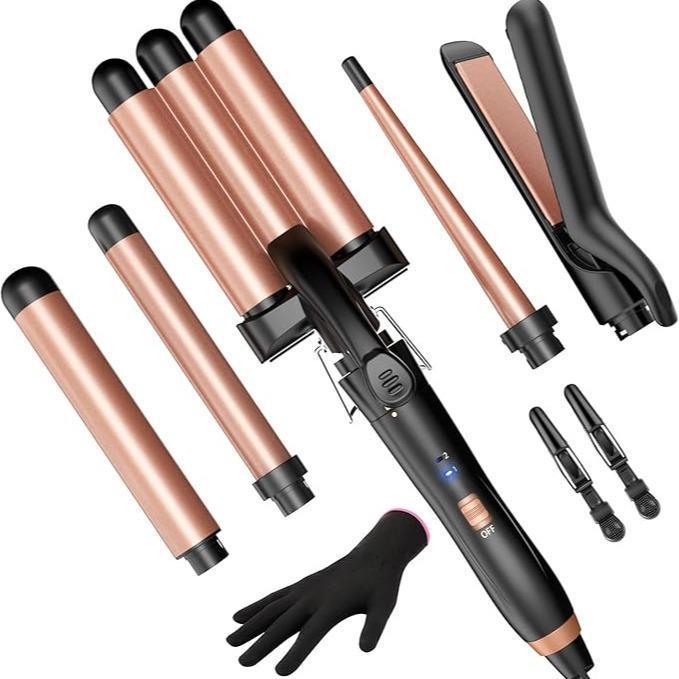 Sada kulem BESTOPE PRO 5 v 1 s žehličkou na vlasy, 3 kulmami, 3 keramickými natáčkami, 2 natáčkami s rychlým ohřevem s rukavicemi a svorkami - fialová, růžovo-zlatá, nejlepší dárky
