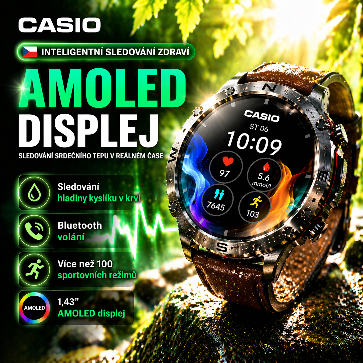Chytré hodinky Casio AMOLED – monitorování hladiny glukózy v krvi, volání přes Bluetooth, více než 100 sportovních režimů