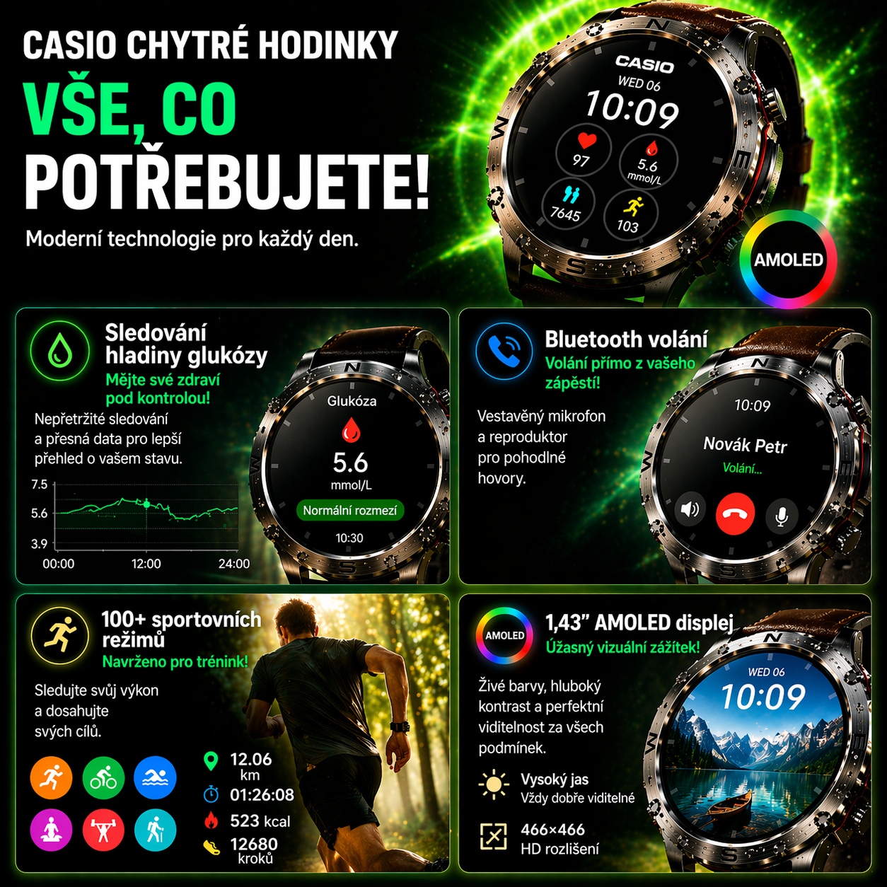 Chytré hodinky Casio AMOLED – monitorování hladiny glukózy v krvi, volání přes Bluetooth, více než 100 sportovních režimů