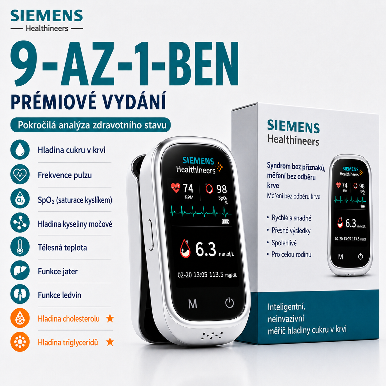 🩸 Siemens™ bezbolestný glukometr 11 v 1 Bez píchání do prstu • Bez testovacích proužků • Výsledek za pouhých 5 sekund