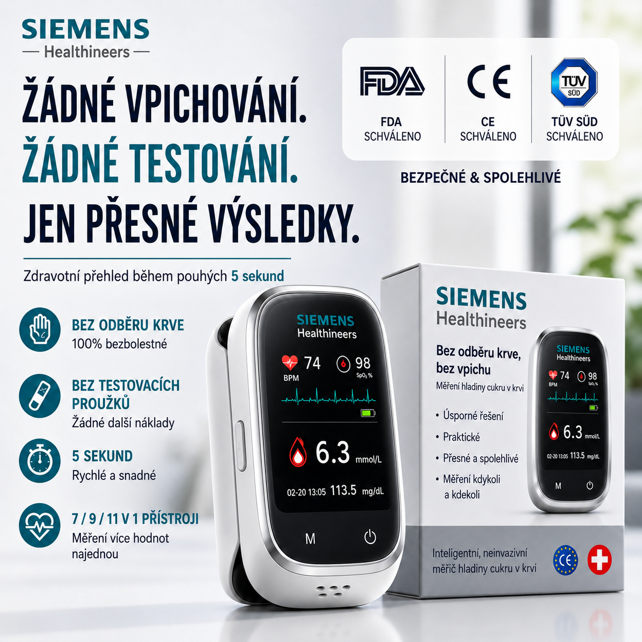🩸 Siemens™ bezbolestný glukometr 11 v 1 Bez píchání do prstu • Bez testovacích proužků • Výsledek za pouhých 5 sekund