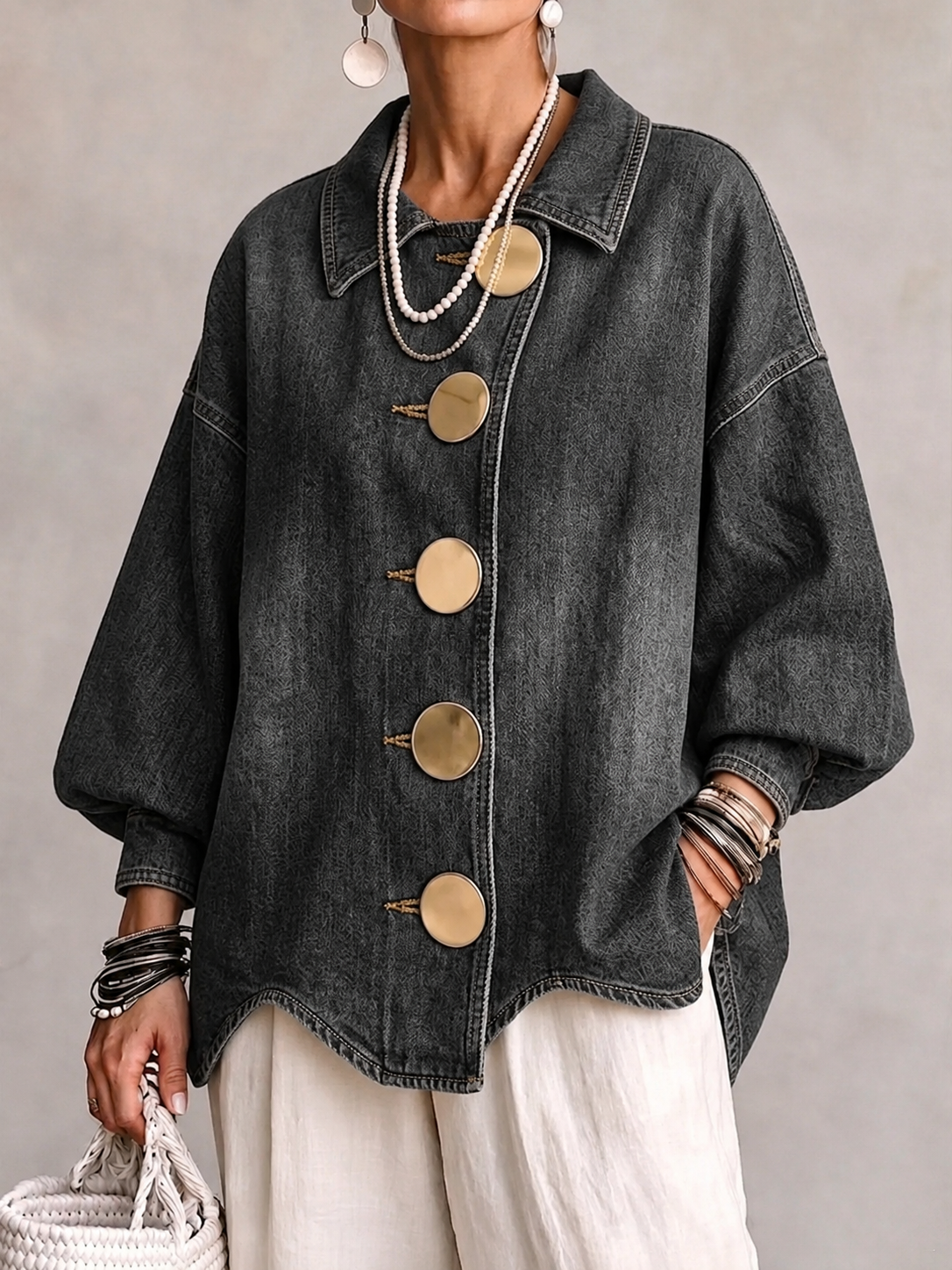 Collared Oversized Denim Jacket With Large Metal Buttons