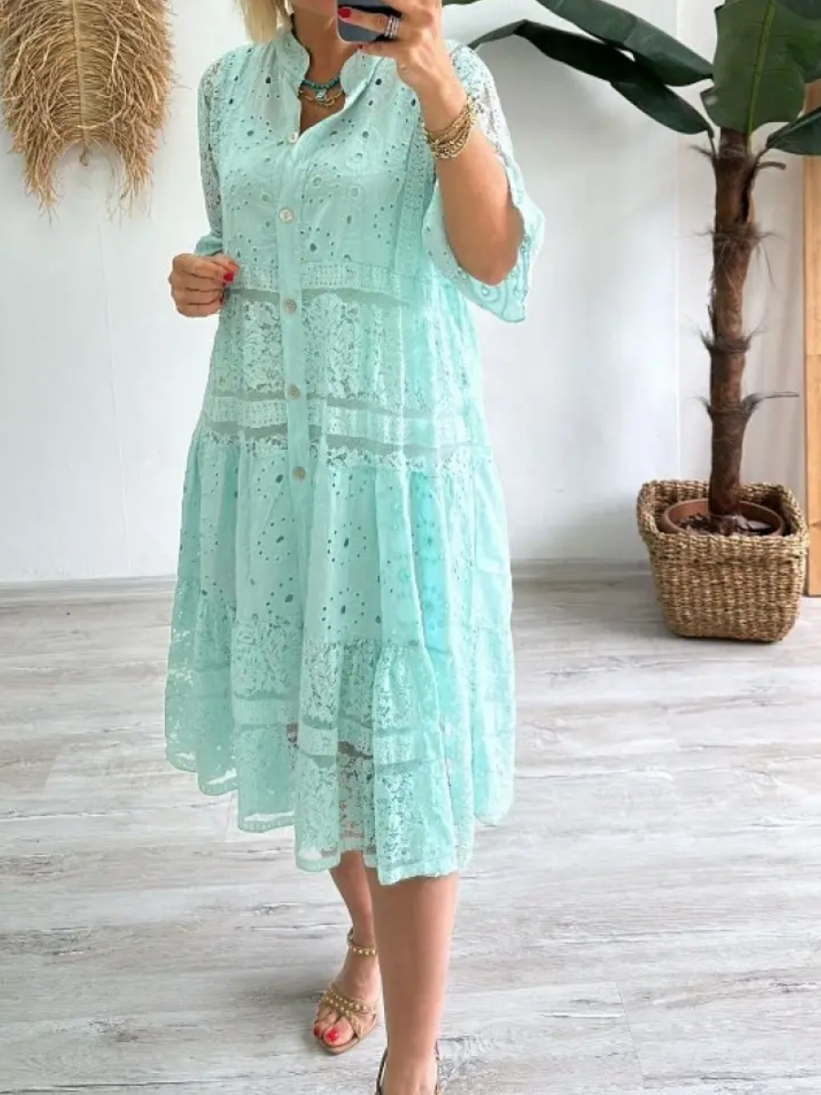 Women's V-neck Mid-sleeve Hollow Dress