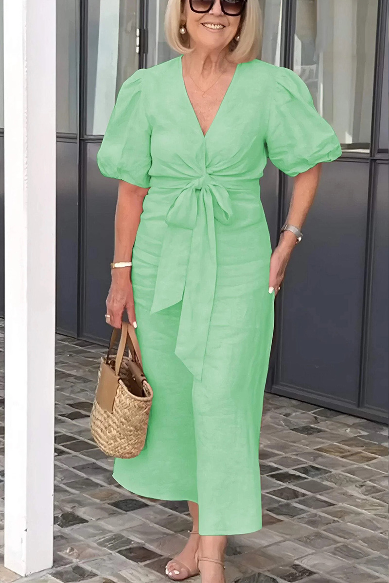 V Neck Tie Puff Sleeve Cotton Dress- Tax Free