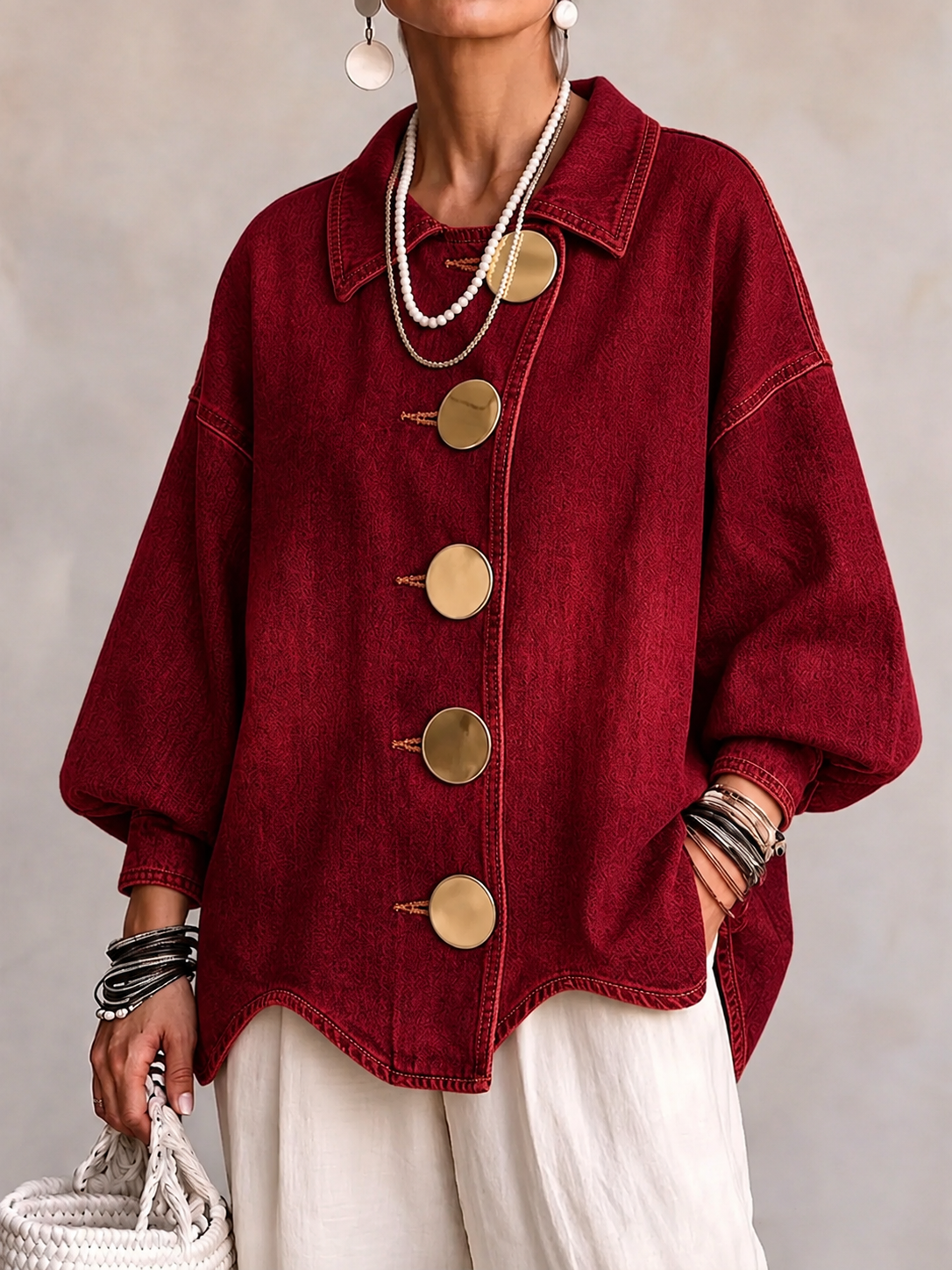 Collared Oversized Denim Jacket With Large Metal Buttons