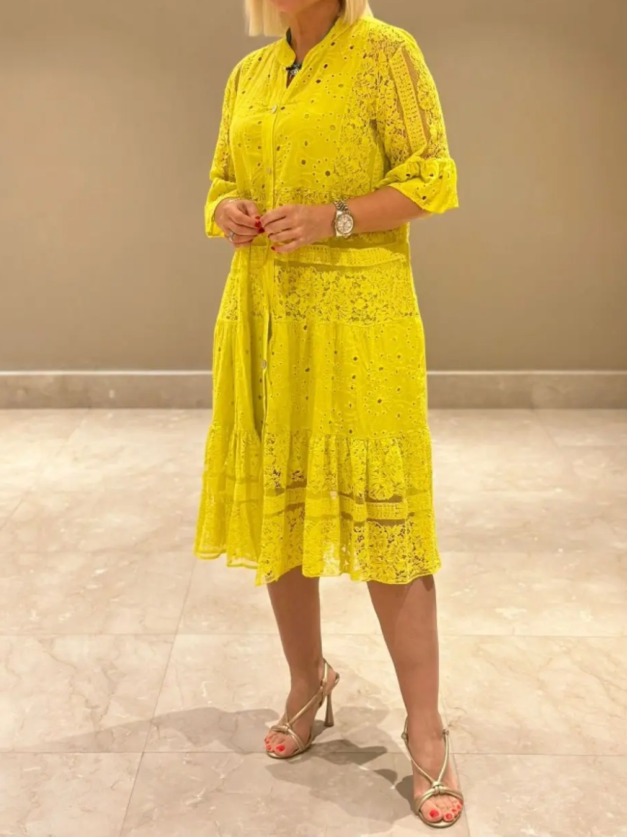 Women's V-neck Mid-sleeve Hollow Dress