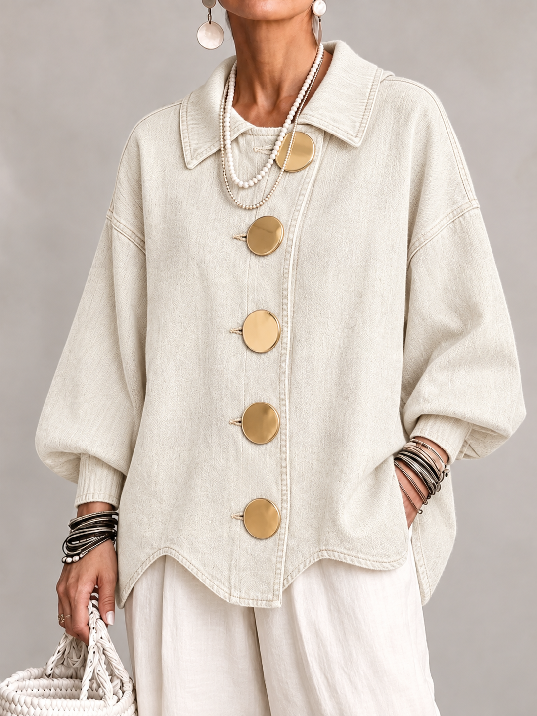 Collared Oversized Denim Jacket With Large Metal Buttons