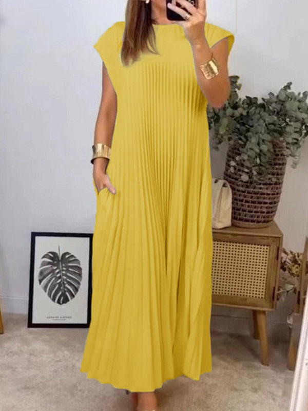  Round Neck Casual Pleated Dress