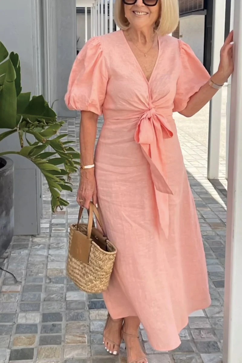 V Neck Tie Puff Sleeve Cotton Dress- Tax Free