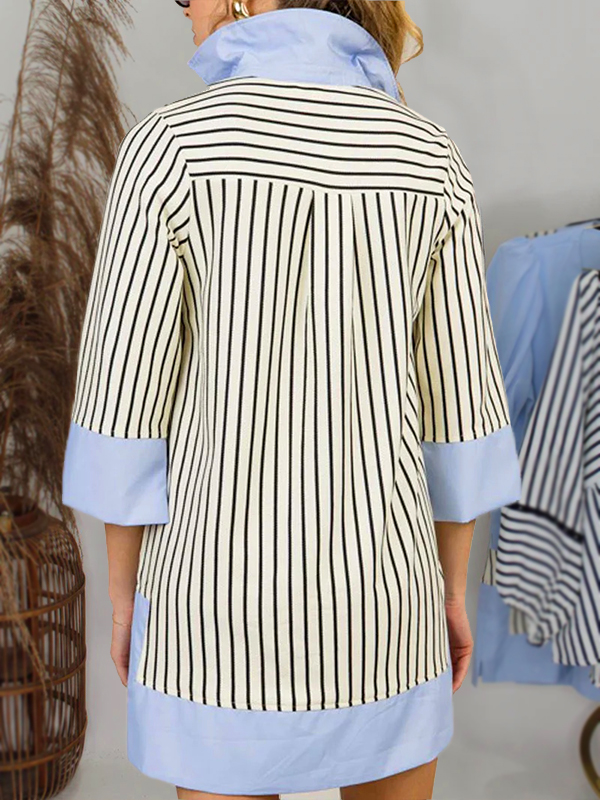 Striped Split V Neck Collared Shirt Dress